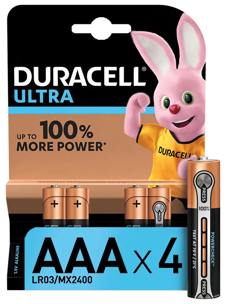 Батарейки щелочные (алкалиновые) Duracell Ultra, тип AAA, 1,5В, 4шт