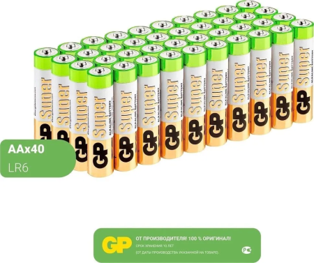 Батарейки щелочные (алкалиновые) GP Super, тип AA, 1.5В, 40шт.